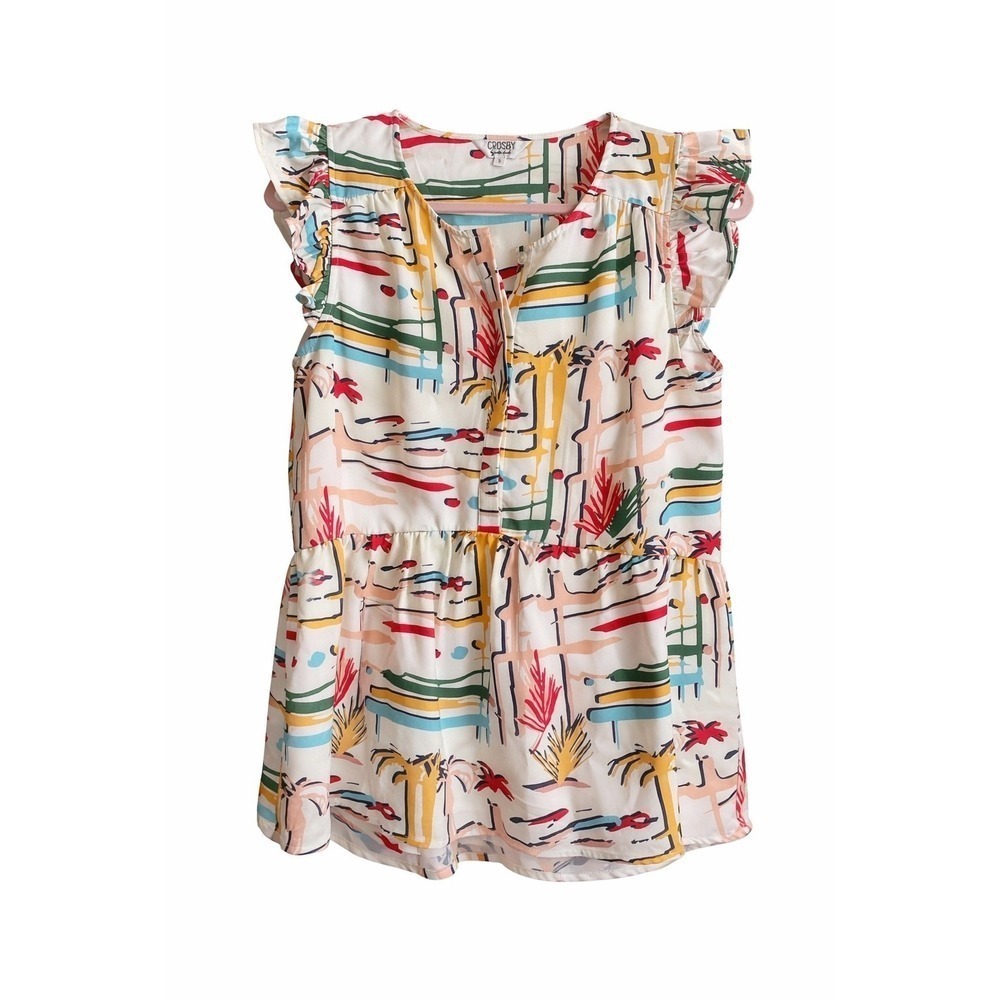 Crosby by Mollie Burch Geometric Peplum Top Small Ruffle Sleeve Preppy NWOT